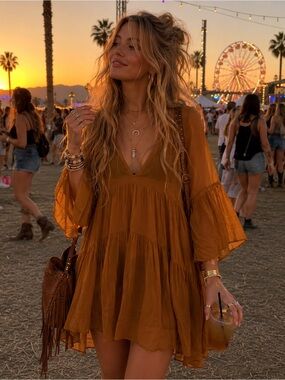 Young Fabulous & Broke Boho Dress — Rust Brown Sheer Unlined XS NWT